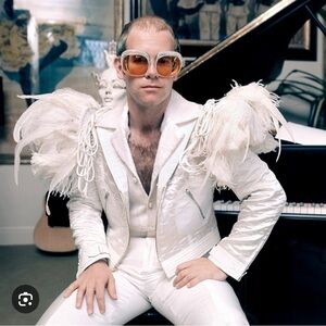 Elton John Costume. While faux leather jacket with feathers & glasses. Size XXL